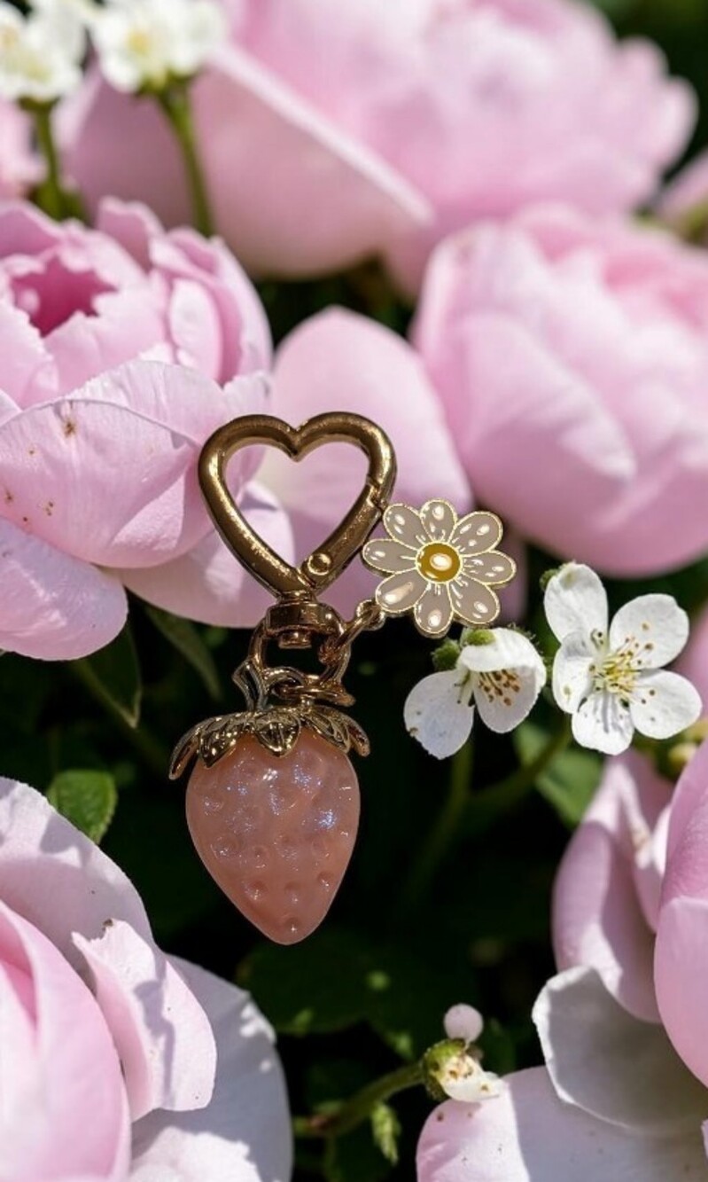 NWT Gold Heart Strawberry & Daisy Charm Keychain - Pink